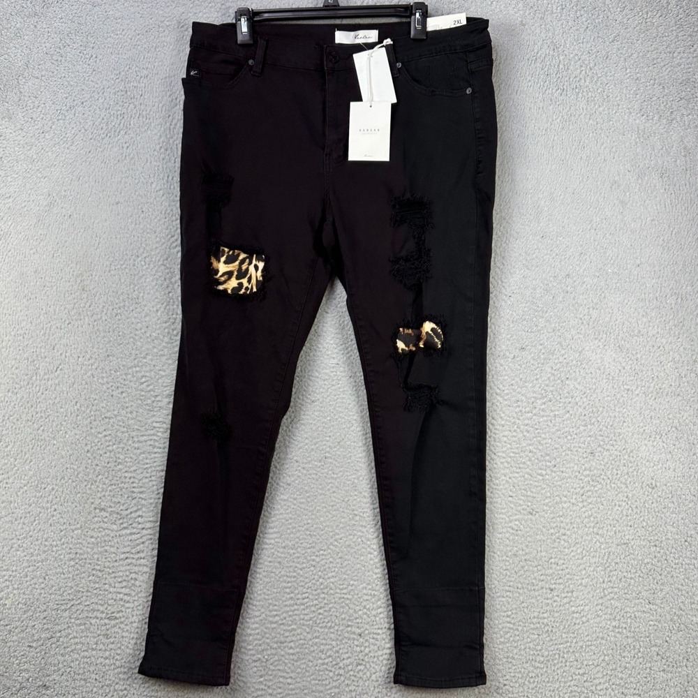 KanCan Womens Ankle Skinny Jeans 2XL‎ Black Mid Rise Rippped Leopard Patch NEW